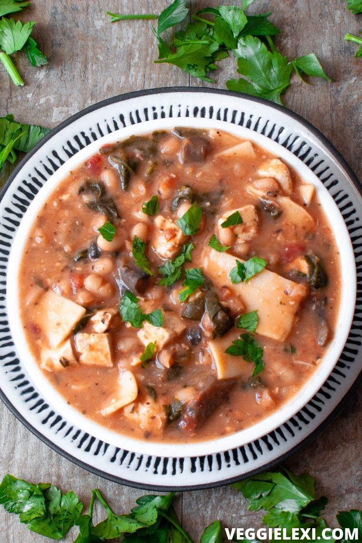 Creamy Vegan and Gluten Free Lasagna Soup. Made with Mushrooms, Garlic, Onion, Zucchini, Tomato, Navy Beans, and Tofu. #veggielexi #veganrecipes #vegansoup #lasagnasoup #glutenfreerecipes - by Veggie Lexi