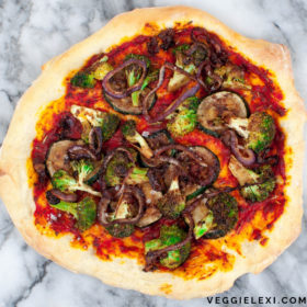 The best ever gluten free and vegan pizza dough! Chewy, stretchy, delicious, and perfectly crispy. #veggielexi #veganrecipes #glutenfreerecipes #glutenfreepizza #pizzadough - by Veggie Lexi