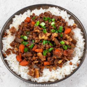 Try topping your pasta or rice with this delicious vegan "meaty" walnut and lentil sauce! The inspiration was a vegan version of a "meaty" tomato pasta sauce, but without the tomatoes. For flavor I included carrots, celery, and onions - it turned out so delicious! - by Veggie Lexi