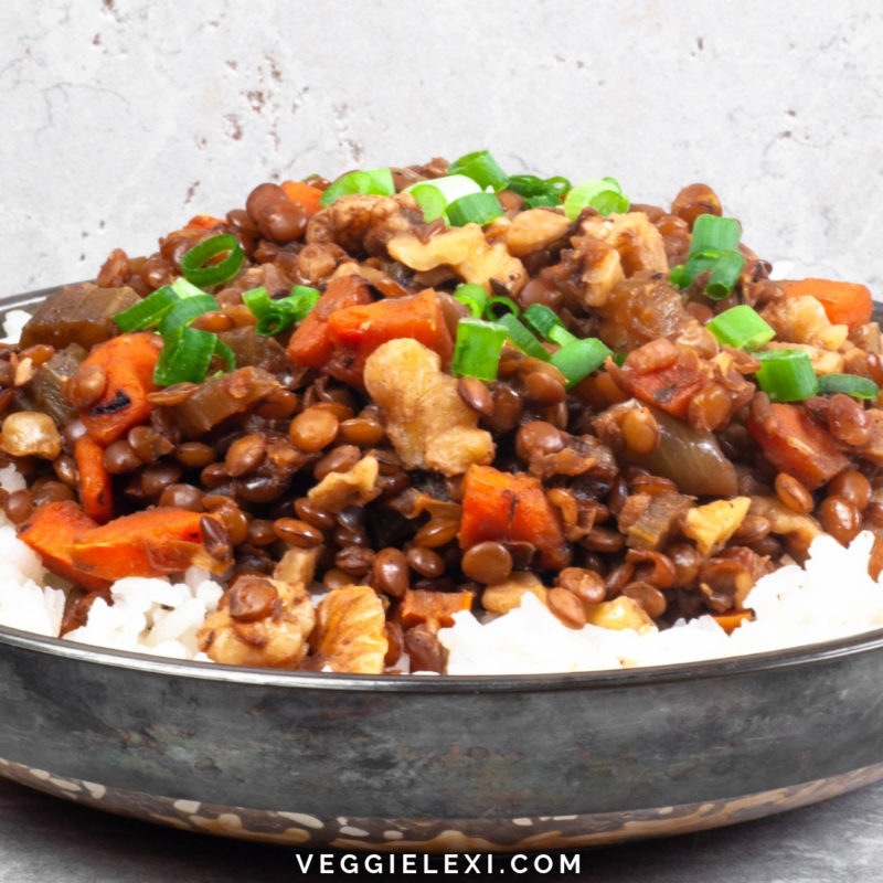 Try topping your pasta or rice with this delicious vegan "meaty" walnut and lentil sauce! The inspiration was a vegan version of a "meaty" tomato pasta sauce, but without the tomatoes. For flavor I included carrots, celery, and onions - it turned out so delicious! - by Veggie Lexi