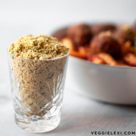 Easy and delicious nut free Vegan Parmesan! Allergen friendly, gluten free, and absolutely perfect for sprinkling on everything! #veggielexi #vegancheese #veganrecipes #nutfreerecipes - by Veggie Lexi